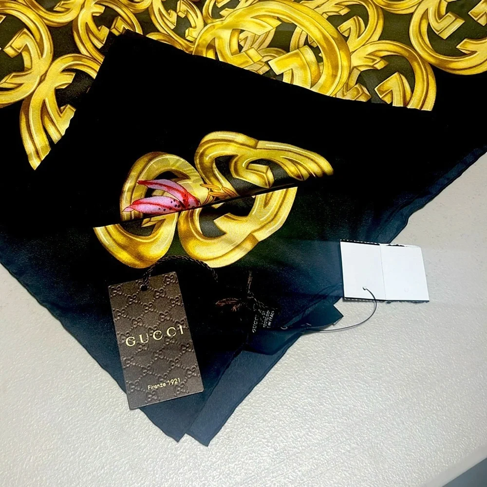 Gucci Black and Gold Logo Scarf 34x34 NWT
